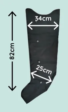 Pernera de presoterapia talla M, extendida en plano, con las cotas de ancho de muslo, de tobillo y de largo marcadas sobre la prenda.